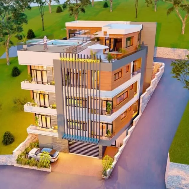 MISH apartment design rendering with balconies, vertical facade fins and a rooftop terrace