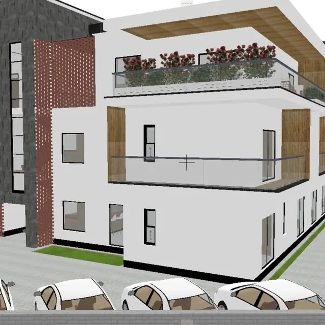 Architectural rendering with glass balconies, a planted terrace and contrasting facade materials.